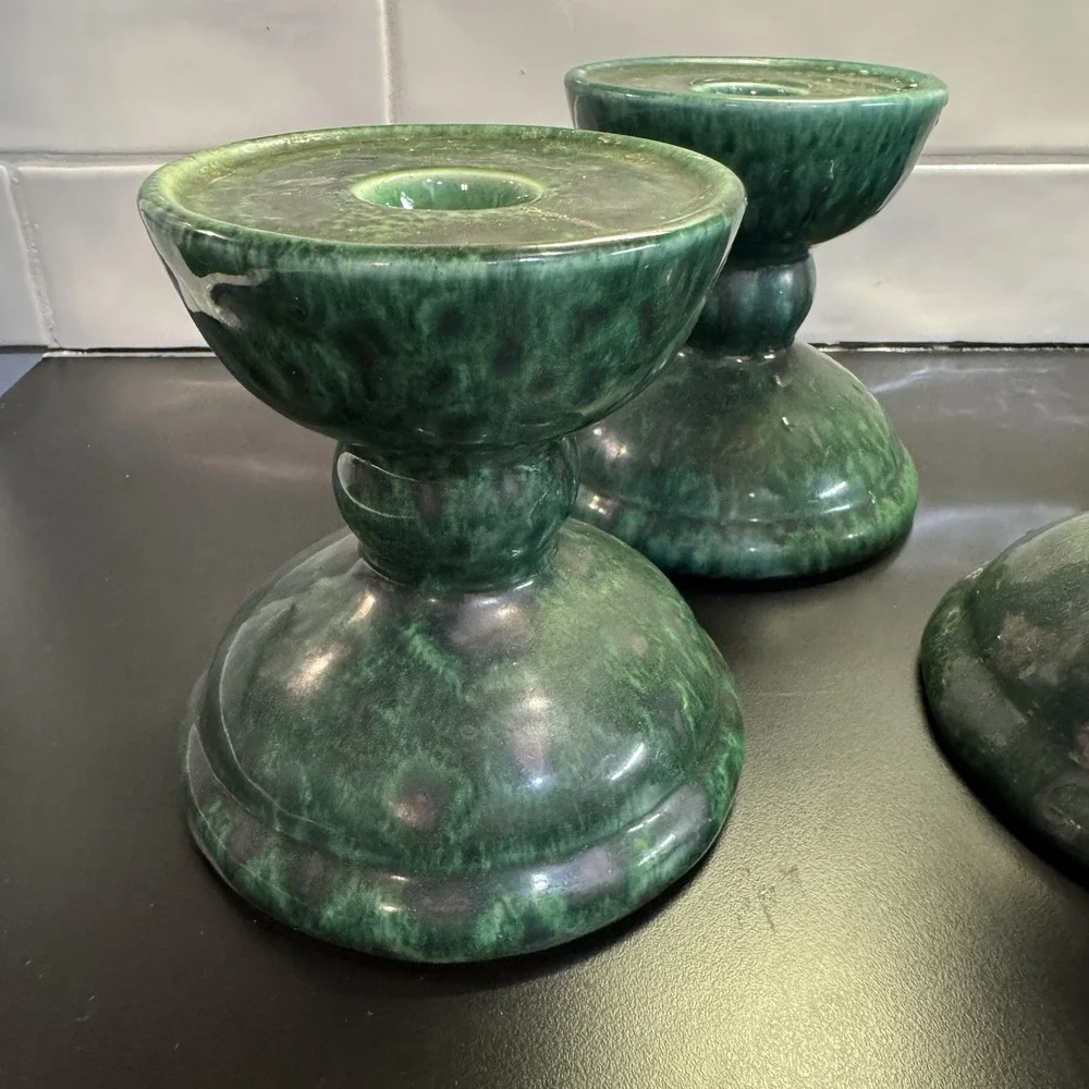 Vintage Gail Pittman Pottery Taper or Pillar Candle Holder Green  Signed Set 3‎